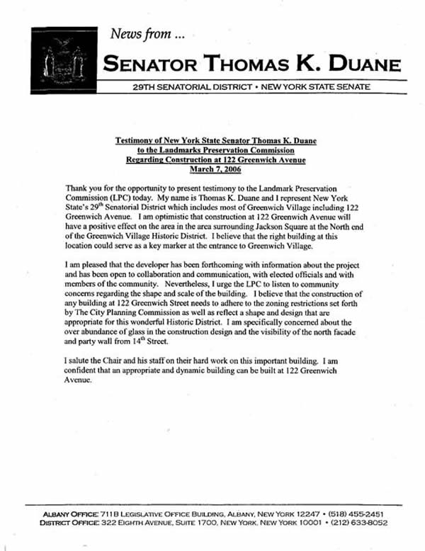 Testimony, State Senator Duane