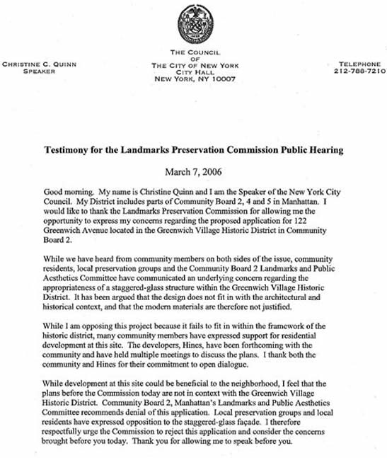 Testimony, Council Speak Quinn