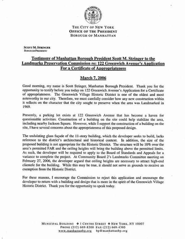 testimony, Borough President Stringer