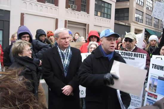 Assemblymember Deborah Glick, Councilmember Tony Avella, and GVSHP Executive Director Andrew Berman at protest